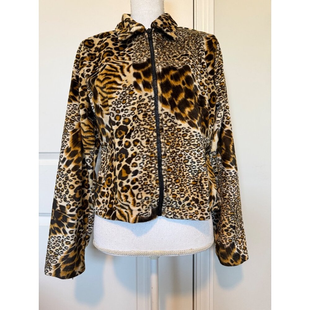 Selene Sport Womens Animal Print Faux Fur Jacket Size M Full Zip Leopard